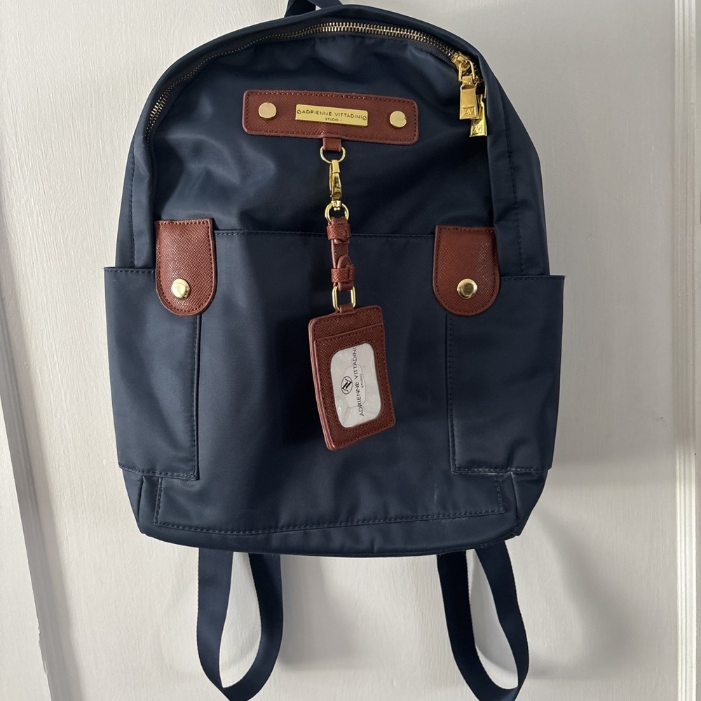 Adrienne Vittadini Navy Blue Nylon Backpack – Tan Trim, Gold Hardware